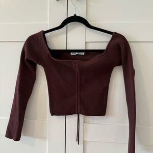 Zara Women's Burgundy Ribbed Long Sleeve Top
